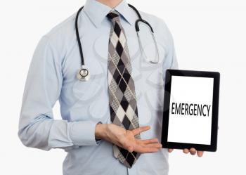 Doctor, isolated on white backgroun,  holding digital tablet - Emergency