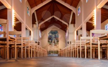 SKALHOLT, ICELAND - JULY 25: Interior of the modern Skalholt cathedral. It was completed in 1963, is pictured on July 25, 2016 and is situated on one of Iceland's most historic sites.
