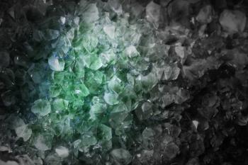 Crystal Stone macro mineral, rough amethyst quartz crystals, selective focus