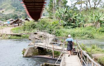 Instable old wooden bridge over a river on Madagascar