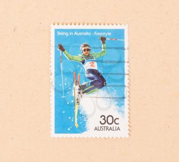 AUSTRALIA - CIRCA 1980: A stamp printed in Australia shows a woman skiing in Australia - Freestyle, circa 1980