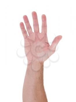 Man rising his hand, isolated on white