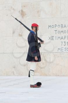 Athens, Greece - October 24, 2017: Evzones in front of the Tomb of the Unknown Soldier