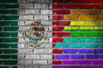 Very old dark red brick wall texture - Flag of Mexico with rainbow flag