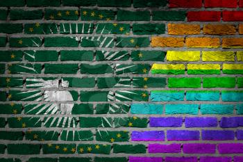 Very old dark red brick wall texture - Flag of African Union with rainbow flag
