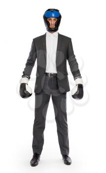 Businessman in boxing gloves isolated on white