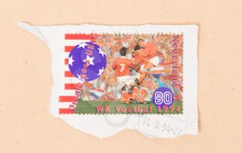 NETHERLANDS - CIRCA 1994: A stamp printed in the Netherlands shows the Dutch soccerteam at the World Championship soccer in 1994, circa 1994