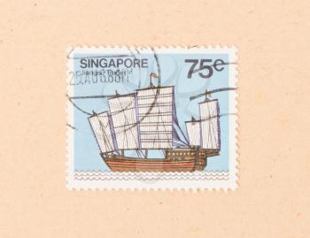 SINGAPORE - CIRCA 1986: A stamp printed in Singapore shows a Jiangsu Trader, circa 1986