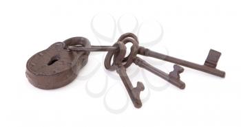 Antique keys on a ring on a white background
