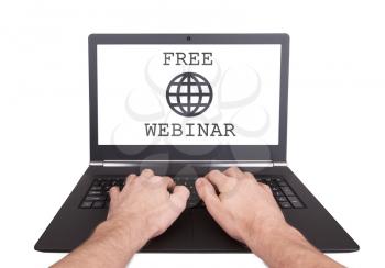 Man working on laptop, free webinar, isolated