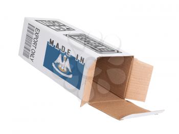 Concept of export, opened paper box - Product of Louisiana
