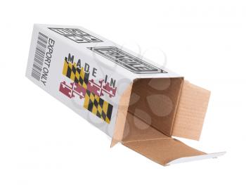 Concept of export, opened paper box - Product of Maryland