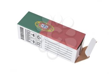 Concept of export, opened paper box - Product of Portugal