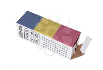 Concept of export, opened paper box - Product of Romania