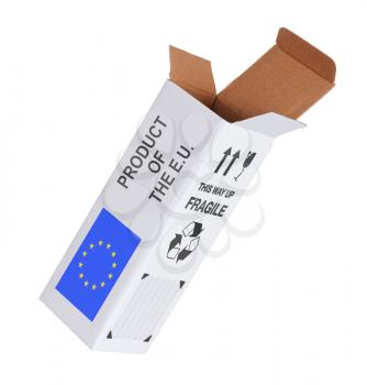 Concept of export, opened paper box - Product of the European Union