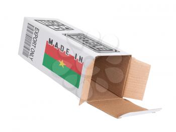 Concept of export, opened paper box - Product of Burkina Faso