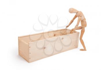 Wood figure mannequin stepping in a wooden box - concept of death or retail