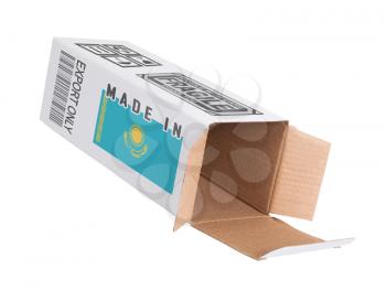Concept of export, opened paper box - Product of Kazakhstan