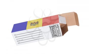 Concept of export, opened paper box - Product of Moldova