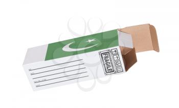 Concept of export, opened paper box - Product of Pakistan