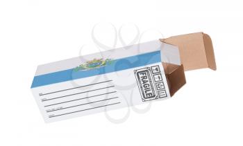 Concept of export, opened paper box - Product of San Marino