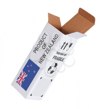 Concept of export, opened paper box - Product of New Zealand