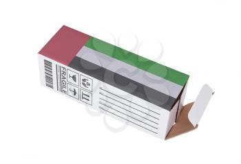 Concept of export, opened paper box - Product of the United Arab Emirates