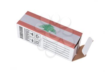 Concept of export, opened paper box - Product of Lebanon