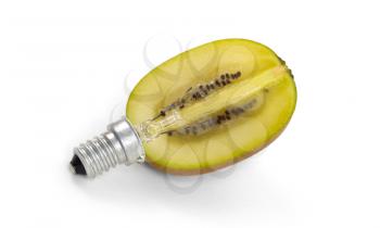 Kiwi lightbulb, concept of green energy - isolated on white