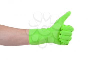 Green glove for cleaning show thumbs up - isolated on white