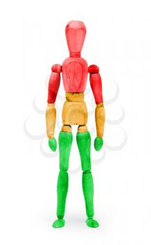 Wood figure mannequin with bodypaint on white background - Traffic light, red, orange and green
