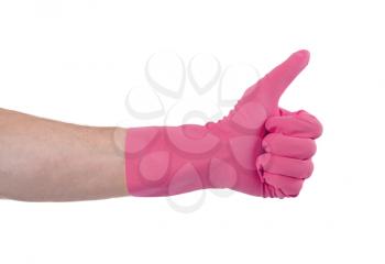 Pink glove for cleaning show thumbs up - isolated on white