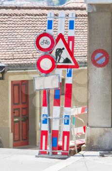 Road signs in a street under reconstruction, Switzerland