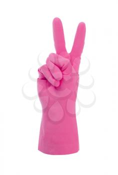 Pink cleaning glove, victory sign, isolated on white