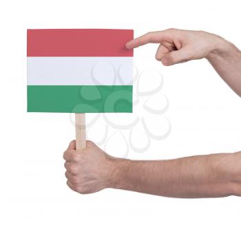 Hand holding small card, isolated on white - Flag of Hungary