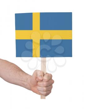 Hand holding small card, isolated on white - Flag of Sweden