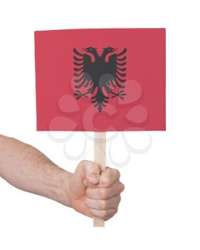 Hand holding small card, isolated on white - Flag of Albania