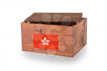 Wooden crate isolated on a white background, product of Hong Kong
