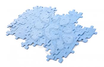 Connected blue puzzle pieces isolated, dirty and used