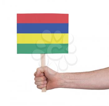 Hand holding small card, isolated on white - Flag of Mauritius