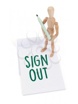 Wooden mannequin writing in a scrapbook - Sign out