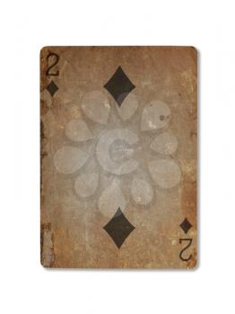 Very old playing card isolated on a white background, two of diamonds