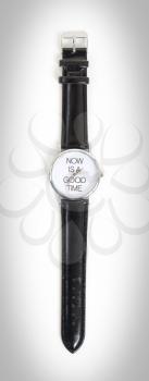 Wrist watch with leather wristlet isolated, now is a good time