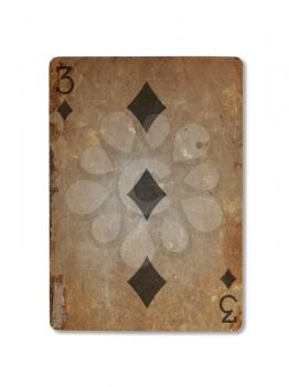 Very old playing card isolated on a white background, three of diamonds