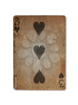 Very old playing card isolated on a white background, three of hearts