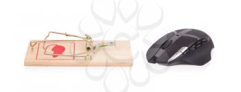 Modern computer mouse in a mousetrap against white background