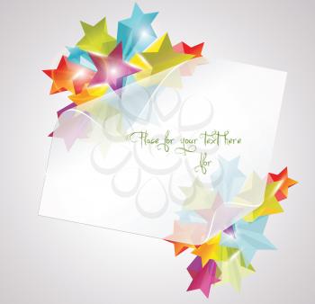 Abstract Colorful Background with white paper 3d glass stars. Vector.