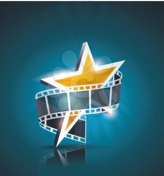 Film strip roll with gold star. Vector cinema background.