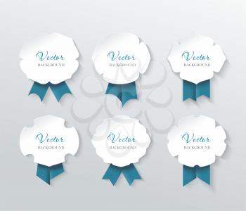 Set of paper labels with blue ribbons, vector