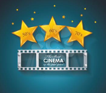 Old Cinema banner with gold stars and film tape. Vector cinema background.